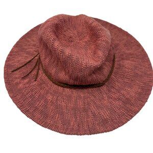 Scala Womens Wide Brim Knit Sun Hat Reddish Pink Braided Trim One Size Beach